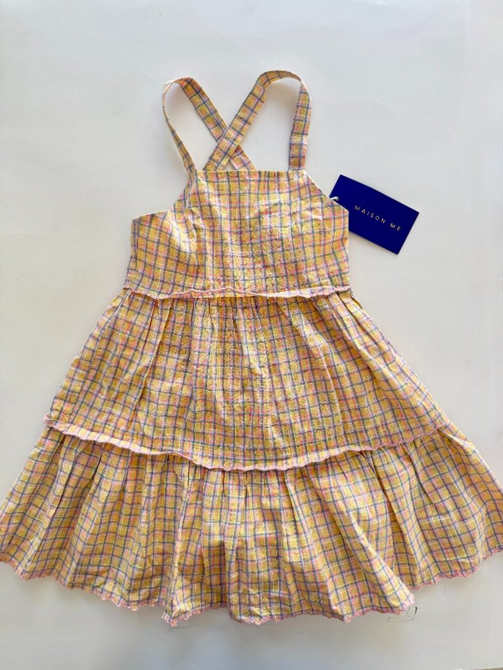 Maison Me Girls Tiered Dress 4Y NWT Plaid Crisscross Scalloped Trim Cotton